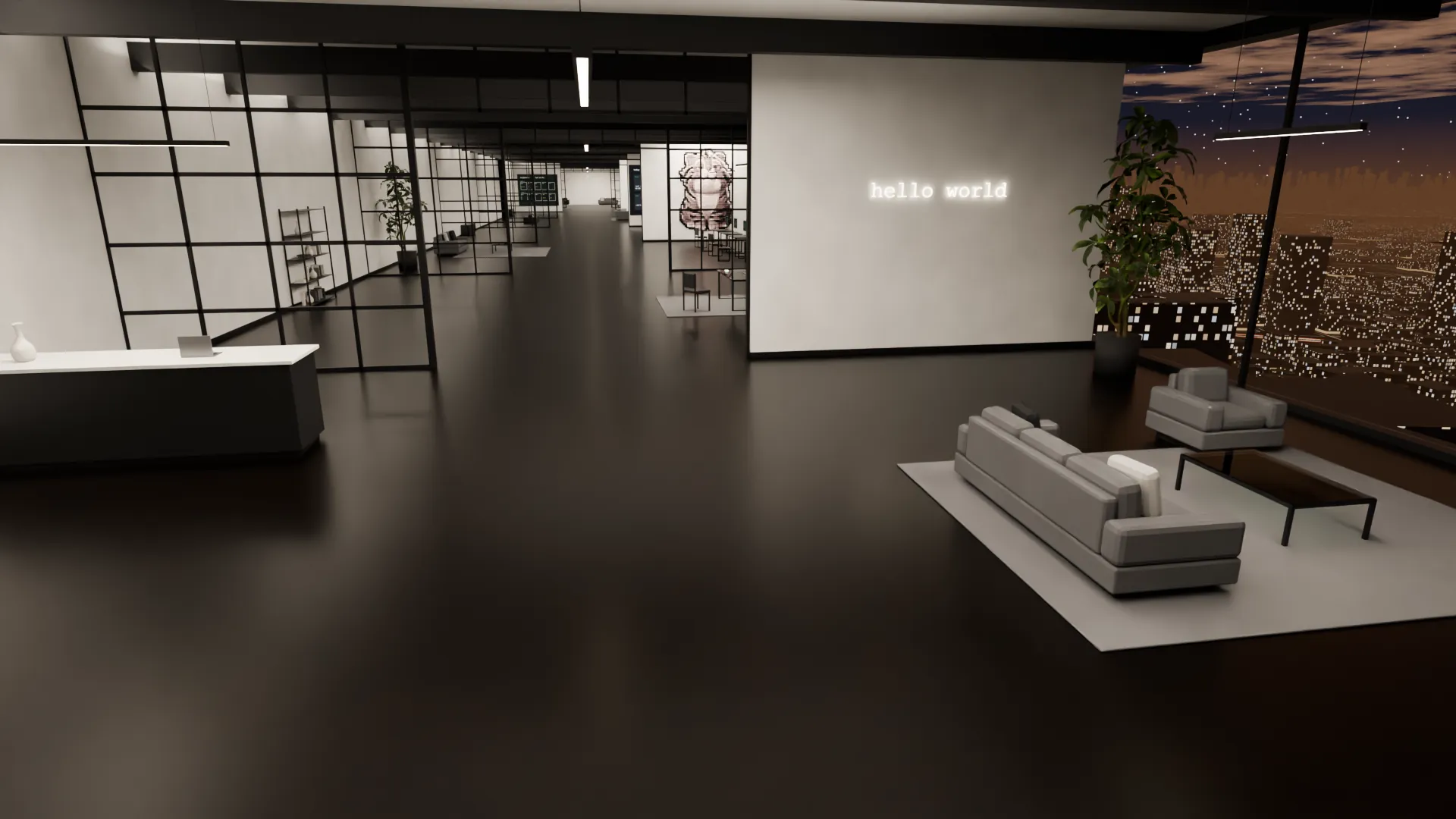 The Hello World studio entrance at night: the hello world sign on a white wall, a reception desk and sofas, Bangkok through the glass